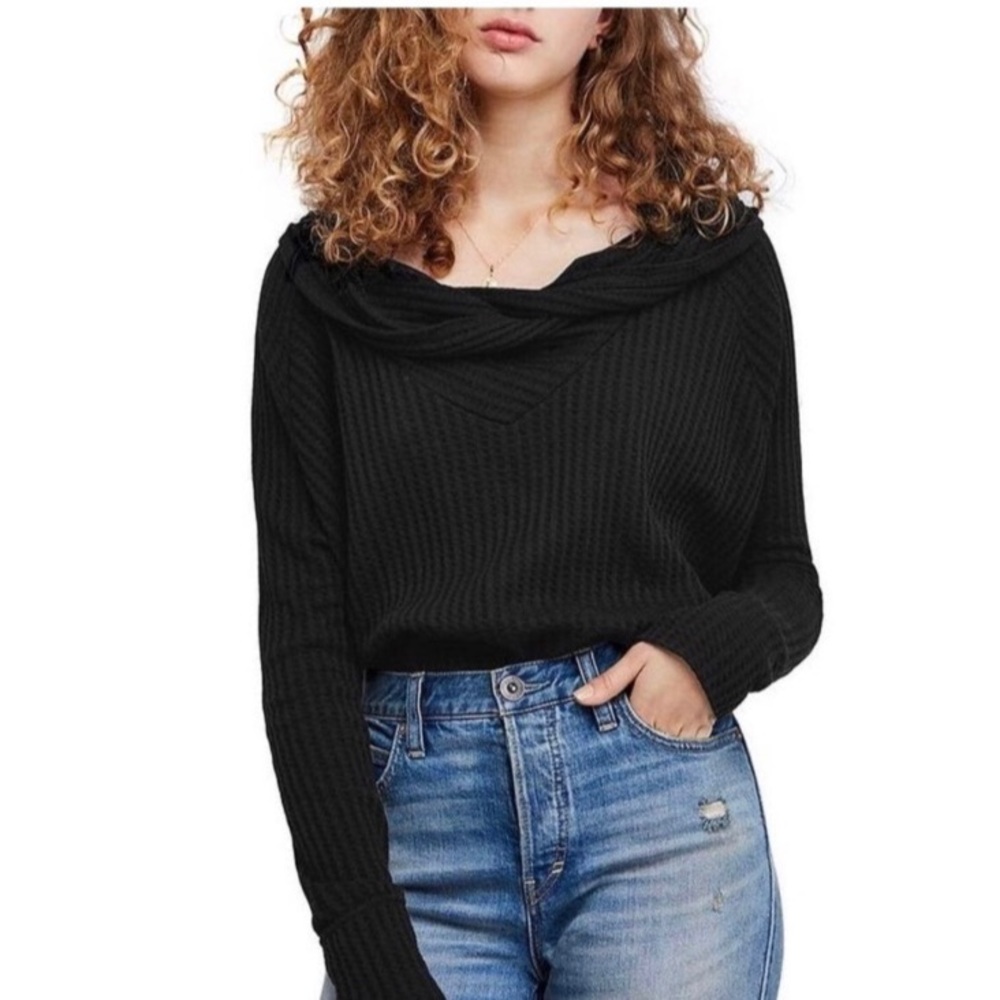 NWT Free People Wildcat Thermal Cowl Neck Pullover Black Small
